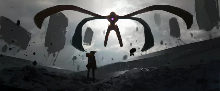 HD wallpaper featuring the Pokémon Deoxys with arms spread wide, set against an ominous sky with floating buildings and rocks, and a silhouetted figure in the foreground.