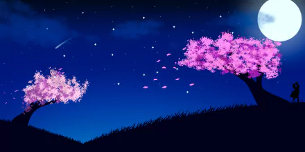 Artistic 8K Ultra HD wallpaper of a couple kissing under a moonlit night sky, surrounded by blossoming sakura trees and a serene landscape.