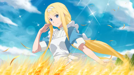 HD PC desktop wallpaper featuring Alice Zuberg from Sword Art Online: Alicization, showcasing the character against a bright, blue sky with golden wheat, linked to the Alicization Rising Steel game.