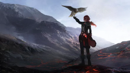 HD desktop wallpaper featuring Diluc from Genshin Impact, standing majestically in a rugged mountain landscape with a bird perched on his arm, capturing a serene and adventurous atmosphere.