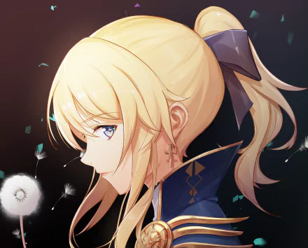 HD desktop wallpaper featuring Jean from the video game Genshin Impact. Jean is shown in profile with her blonde hair tied up, surrounded by delicate dandelion seeds against a dark background.