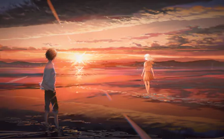 Anime-style 4K Ultra HD desktop wallpaper depicting a vibrant sunrise or sunset over the ocean with two characters standing on the shore under colorful skies.