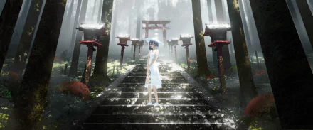 Rinze Morino from The iDOLM@STER: Shiny Colors stands on stone stairs leading to a torii gate at a shrine, surrounded by misty forest and traditional lanterns.