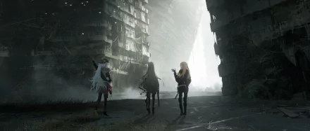 4K Ultra HD wallpaper featuring Girls Frontline characters G11, UMP9, UMP45, and HK416 in a post-apocalyptic urban setting with ruined buildings and guns.