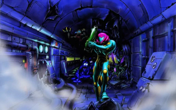 HD PC desktop wallpaper featuring Samus Aran from the Metroid video game series standing in a dark, futuristic tunnel with mist and mechanical details.
