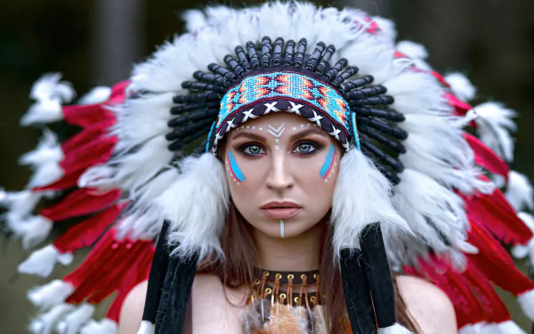 native american headdress blue eyes woman model HD Desktop Wallpaper | Background Image