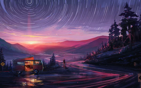 A fantasy landscape HD desktop wallpaper featuring a winding road through mountains at sunset, with vibrant star trails swirling across the night sky.