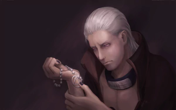 HD anime desktop wallpaper featuring Hidan from Naruto, capturing his intense expression while holding prayer beads against a dark background.