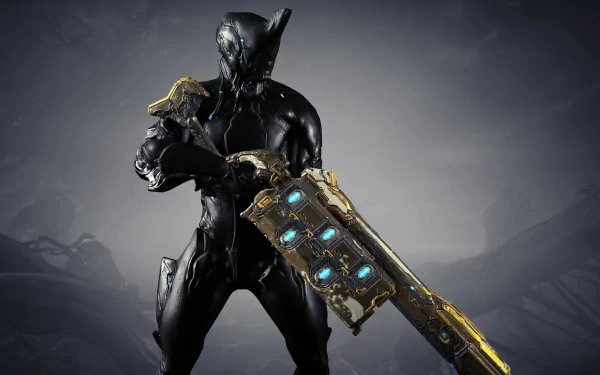 Warframe video game character in black armor wielding a bulky glowing rifle, set against a misty gray landscape — 4K Ultra HD PC desktop wallpaper and background.