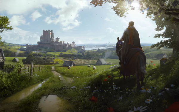 2K Quad HD PC desktop wallpaper: Manor Lords video game scene of a cloaked rider on horseback overlooking a lush medieval countryside and distant castle under a bright sky.
