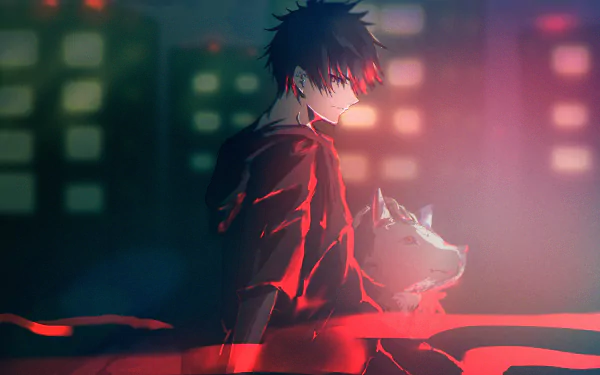 HD wallpaper featuring Megumi Fushiguro from the anime Jujutsu Kaisen, standing with a wolf-like spirit in a dark, cityscape background illuminated by a soft, red glow.