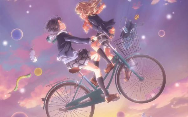 HD PC desktop wallpaper of anime Adachi to Shimamura: Hougetsu Shimamura and Sakura Adachi riding a bicycle through a pastel sky with floating bubbles, petals, and glowing lights.