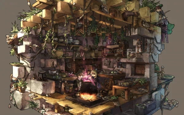 Fantasy-themed anime original artwork showcasing a detailed, cozy room with plants and warm lighting, designed as an HD PC desktop wallpaper and background.