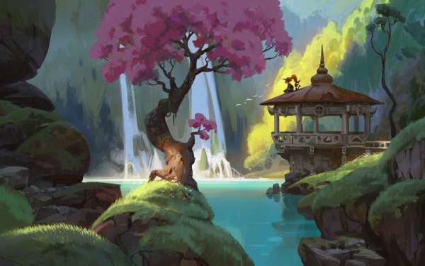 Fantasy Landscape Cat Tree Waterfall HD Wallpaper | Background Image