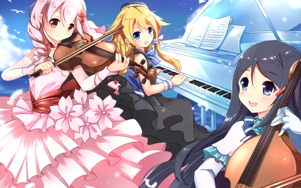violin cello blonde black hair pink hair Anime music HD Desktop Wallpaper | Background Image
