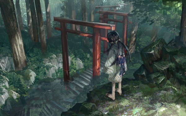 Anime Shrine Torii Forest Stairs Japanese Clothes HD Wallpaper | Background Image