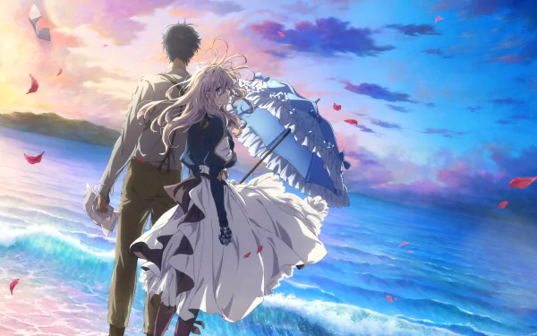 HD desktop wallpaper of Gilbert Bougainvillea and Violet Evergarden from the anime Violet Evergarden: The Movie, depicting a scenic seaside sunset with vibrant skies and petals floating in the breeze.