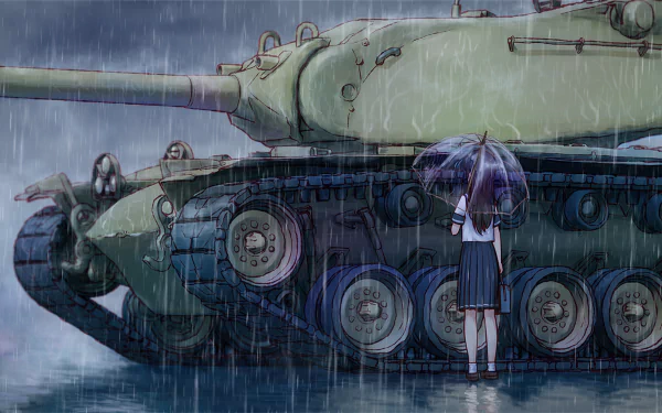 Anime-style HD wallpaper featuring a long-haired girl in a school uniform and skirt standing in the rain beside a military tank.