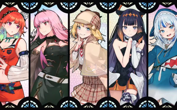 HD desktop wallpaper featuring hololive Virtual YouTubers: Gawr Gura, Ninomae Ina'nis, Watson Amelia, Mori Calliope, and Takanashi Kiara in anime style.