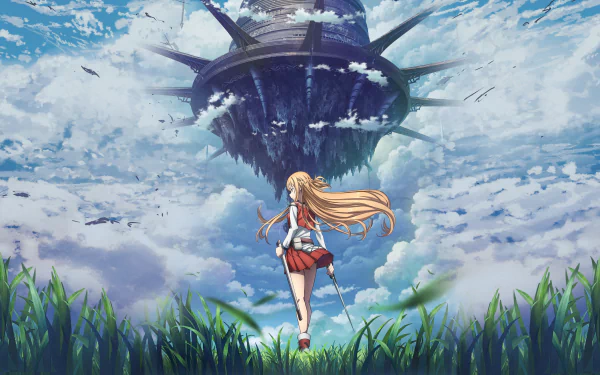HD desktop wallpaper featuring an iconic scene from Sword Art Online, depicting a lone character holding a sword, standing in a field and looking towards a majestic floating fortress against a cloudy sky.