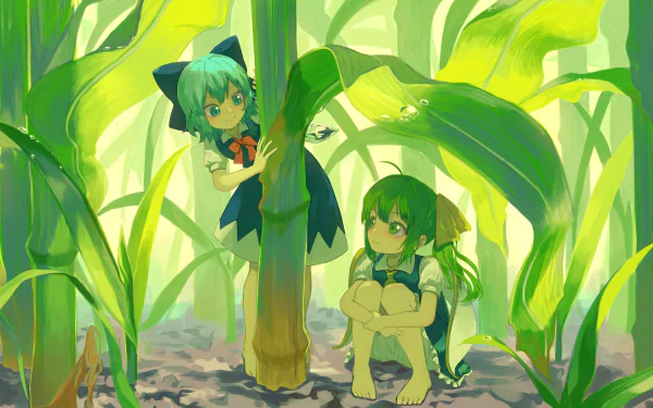 Anime-style 4K Ultra HD wallpaper featuring Touhou characters Cirno and Daiyousei with green hair amidst large, vibrant green plants.