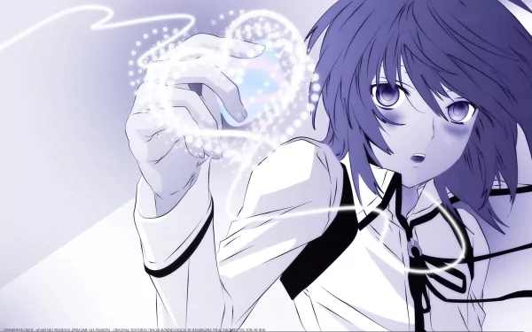 HD PC desktop wallpaper featuring an anime character from Sekirei with purple hair, creating a glowing heart shape with their hand against a light background.