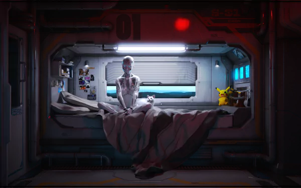 A cybernetic humanoid robot in a sci-fi room, captured in stunning 8K Ultra HD detail, designed as a PC desktop wallpaper and background.
