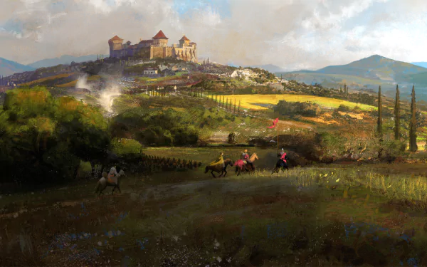 4K Ultra HD Crusader Kings III PC wallpaper depicting a medieval castle on a hill with knights riding through a sunlit countryside landscape.