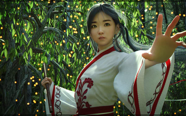 A woman in a white and red kimono stands in a glowing, enchanted forest, reaching forward with an intense expression. 4K Ultra HD fantasy wallpaper.