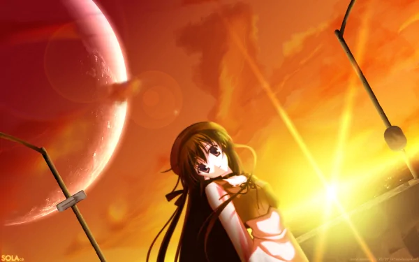 HD PC desktop wallpaper of Sola (anime) — long‑haired girl bathed in a fiery orange sunset, bright lens flare, silhouetted poles and a distant planet/moon.