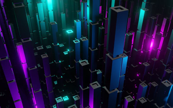 Abstract 3D HD desktop wallpaper featuring a futuristic cityscape with neon turquoise and magenta glowing rectangular structures.