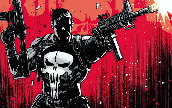 4K Ultra HD comic-style wallpaper featuring the Punisher wielding dual guns against a bold red and black background.