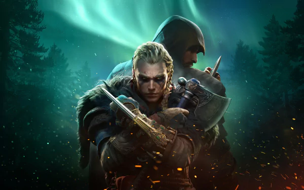 Eivor from Assassin's Creed Valhalla stands ready in a dark forest illuminated by the northern lights, depicted in an 8K Ultra HD video game wallpaper.