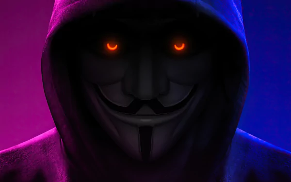 4K Ultra HD wallpaper of a hooded figure wearing an anonymous mask with glowing orange eyes, set against a vibrant purple and blue background, symbolizing technology and mystery.