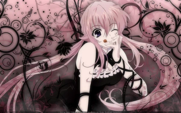 A vibrant HD wallpaper featuring Lulu from Monochrome Factor, showcasing her playful expression against a backdrop of intricate floral designs in shades of pink and black.