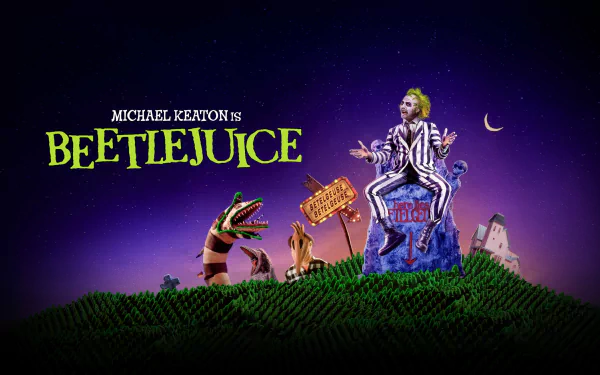 4K Ultra HD PC desktop wallpaper of Beetlejuice: the striped-suit character sits on a tombstone in a surreal, neon-lit graveyard with the Beetlejuice movie logo.