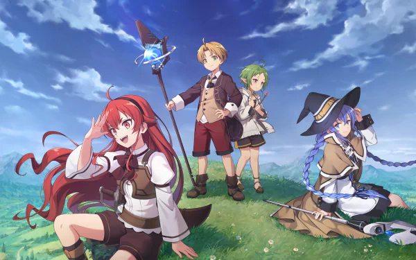HD wallpaper featuring Eris Boreas Greyrat, Roxy Migurdia, Sylphiette, and Rudeus Greyrat from Mushoku Tensei: Jobless Reincarnation. The characters stand on a grassy hill under a vibrant blue sky.