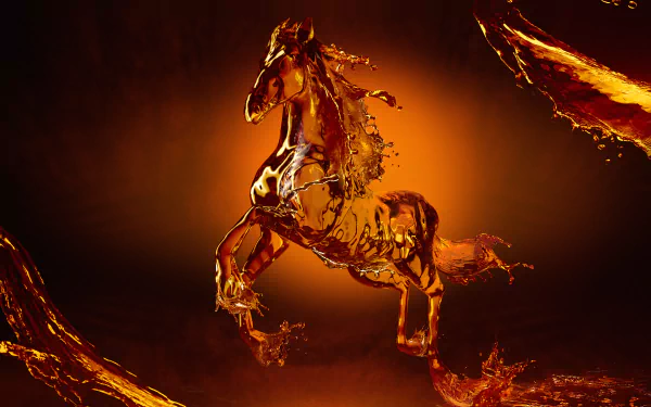 Artistic 8K Ultra HD wallpaper of a horse made of water in dynamic motion against a dark, fiery background, blending natural elements with vivid digital art.