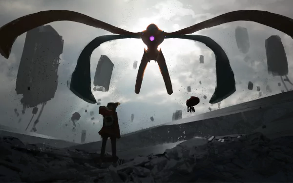 HD wallpaper featuring the Pokémon Deoxys with arms spread wide, set against an ominous sky with floating buildings and rocks, and a silhouetted figure in the foreground.