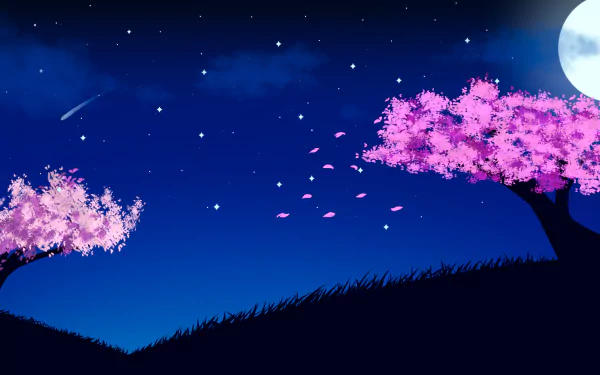 Artistic 8K Ultra HD wallpaper of a couple kissing under a moonlit night sky, surrounded by blossoming sakura trees and a serene landscape.