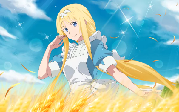 HD PC desktop wallpaper featuring Alice Zuberg from Sword Art Online: Alicization, showcasing the character against a bright, blue sky with golden wheat, linked to the Alicization Rising Steel game.