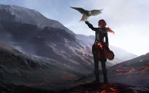 HD desktop wallpaper featuring Diluc from Genshin Impact, standing majestically in a rugged mountain landscape with a bird perched on his arm, capturing a serene and adventurous atmosphere.