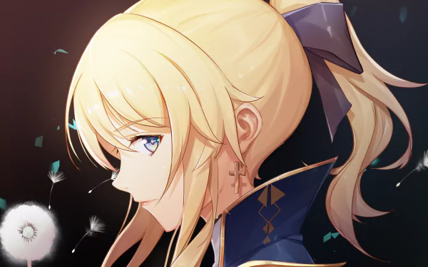 HD desktop wallpaper featuring Jean from the video game Genshin Impact. Jean is shown in profile with her blonde hair tied up, surrounded by delicate dandelion seeds against a dark background.
