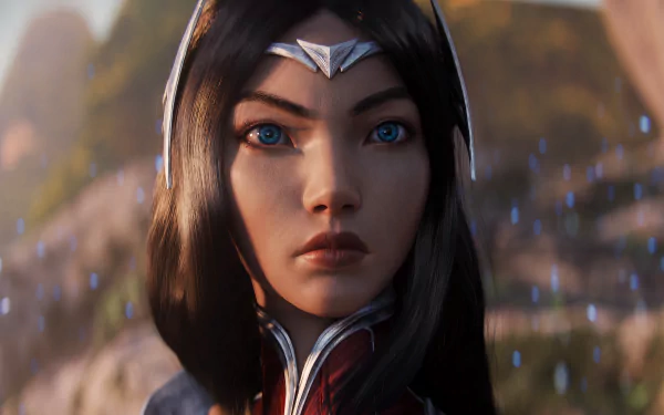 Close-up of Irelia from League of Legends with black hair and striking blue eyes, rendered in 8K Ultra HD for a detailed PC desktop wallpaper background.