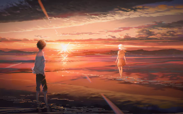 Anime-style 4K Ultra HD desktop wallpaper depicting a vibrant sunrise or sunset over the ocean with two characters standing on the shore under colorful skies.