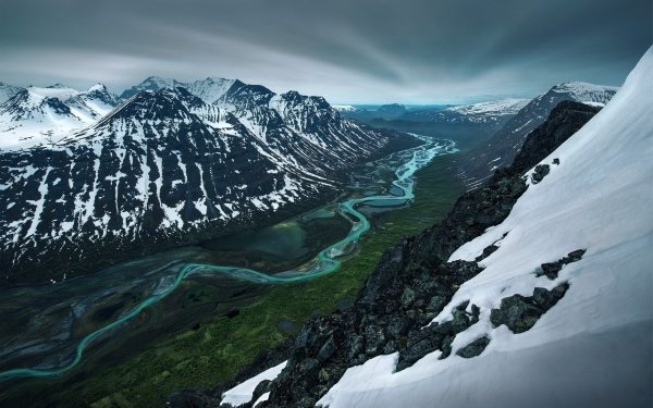 Earth Valley Mountain River Snow Sweden Landscape HD Wallpaper | Background Image