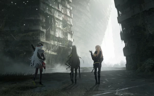 4K Ultra HD wallpaper featuring Girls Frontline characters G11, UMP9, UMP45, and HK416 in a post-apocalyptic urban setting with ruined buildings and guns.