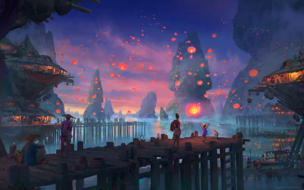 A vibrant fantasy landscape at dusk with glowing lights, floating lanterns, and a dog on a wooden pier, capturing a magical festival atmosphere in HD.