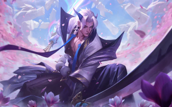 Yone from League of Legends depicted as a samurai in a dynamic 4K Ultra HD video game wallpaper with cherry blossoms and vibrant colors.