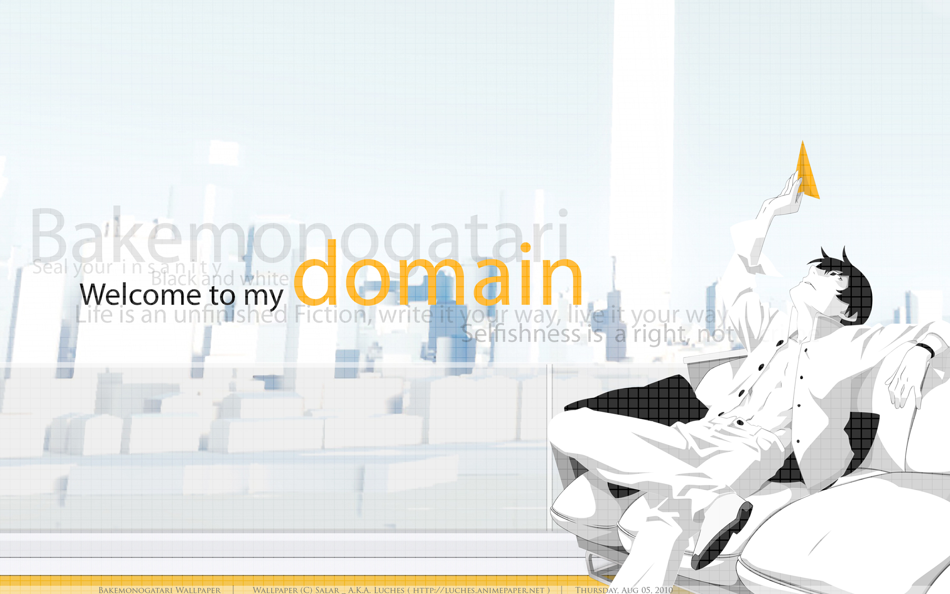 Welcome to my domain: Anime desktop wallpaper of Koyomi Araragi from Monogatari series, with black hair.